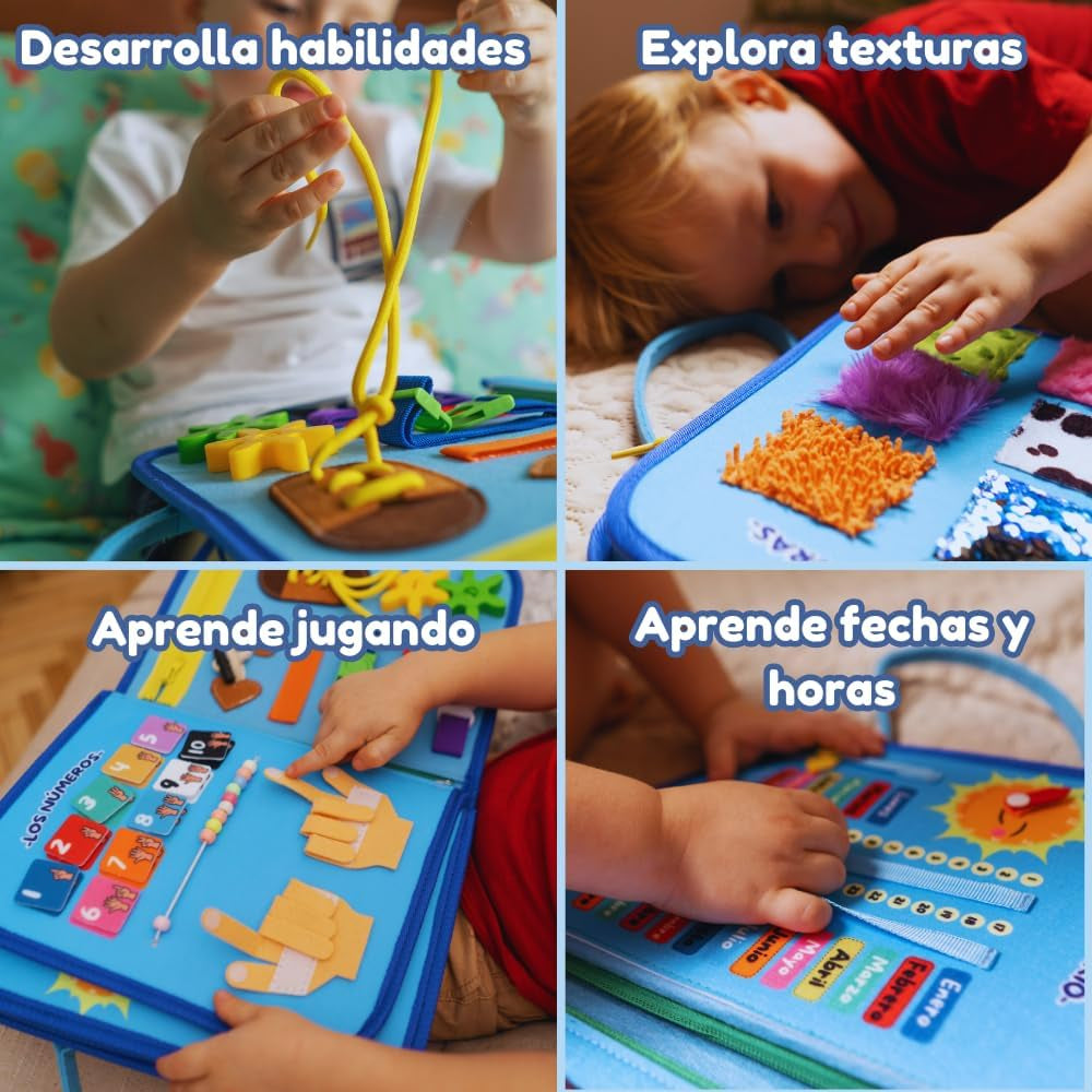 Busy Board Montessori - Juguete Educativo Y Sensorial Para Niños - En Español - Ideal Para Motricidad Fina Y Aprendizaje - 2 3 4 Años - Libro Interactivo - Juguetes Niños Niñas - Regalo - Cumpleaños