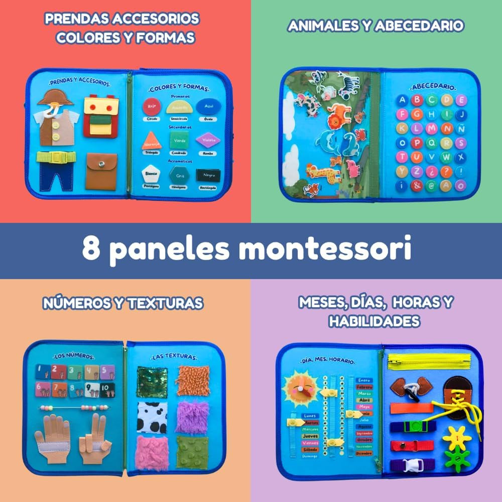 Busy Board Montessori - Juguete Educativo Y Sensorial Para Niños - En Español - Ideal Para Motricidad Fina Y Aprendizaje - 2 3 4 Años - Libro Interactivo - Juguetes Niños Niñas - Regalo - Cumpleaños